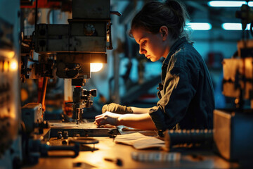 Aufkleber - Woman operating machinery in a factory. Suitable for industrial and manufacturing themes
