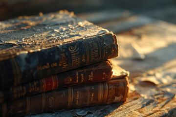 Sticker - A stack of books sitting on top of a wooden table. Perfect for educational and library themes