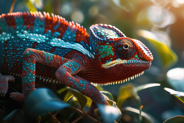 Poster - A close up view of a chameleon sitting on a tree branch. This image can be used to depict wildlife, nature, camouflage, reptiles, or animal behavior