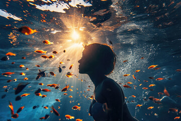 Poster - A person standing in the water with a lot of fish. Can be used to depict fishing, aquatic life, or environmental themes