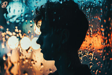 Poster - A man standing in front of a window covered in rain, with a view of the outside. Suitable for various themes and concepts