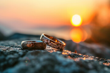 Poster - Two wedding rings sitting on top of a rock. Perfect for wedding invitations or jewelry advertisements