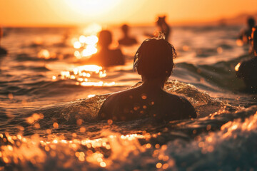 Poster - A group of people enjoying a swim in the ocean as the sun sets. Perfect for travel or vacation-related projects