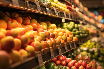 Poster - A vibrant display of fresh fruits and vegetables in a grocery store. Perfect for showcasing healthy eating options or promoting a farm-to-table lifestyle