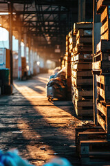 Poster - A warehouse filled with lots of boxes and pallets. Suitable for logistics, storage, and inventory-related concepts