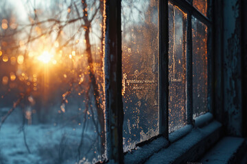 Poster - Sunlight streaming through a frost-covered window. Perfect for winter-themed designs and holiday concepts