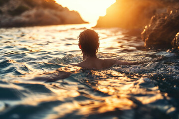 Poster - A person is depicted swimming in a body of water. This image can be used to illustrate recreational activities or promote water sports