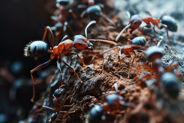 Sticker - A group of ants crawling on a piece of wood. Perfect for nature and insect-related projects