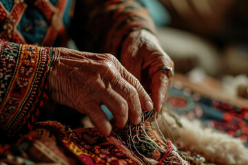 Poster - Woman's hands stitching a piece of fabric. This image can be used for sewing, crafting, or textile-related projects