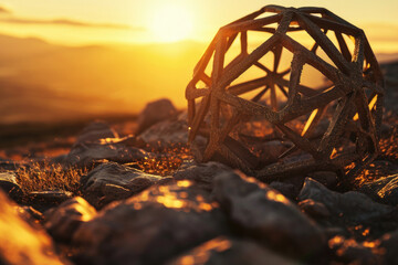 Poster - A metal object resting on a stack of rocks. Suitable for various outdoor and industrial themes