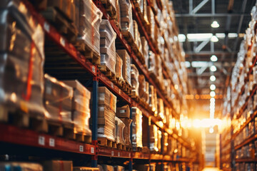Poster - A large warehouse filled with numerous boxes. Perfect for showcasing storage, logistics, or inventory management concepts