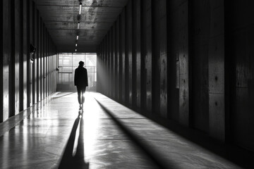 Aufkleber - A person walking down a long hallway. Can be used to depict solitude, exploration, or anticipation.