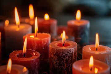 Poster - Lit candles arranged in a group on top of a table. Can be used for decoration or as a symbol of celebration