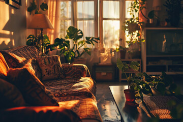 Poster - A comfortable living room with a variety of furniture and lush green plants. Perfect for home decor or interior design projects