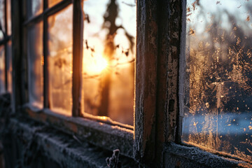 Poster - Sun setting through the window of an old building. Perfect for architectural or vintage-themed projects