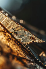 Poster - A detailed close-up of a leaf resting on a piece of wood. This image captures the natural beauty and texture of the leaf and the wood.