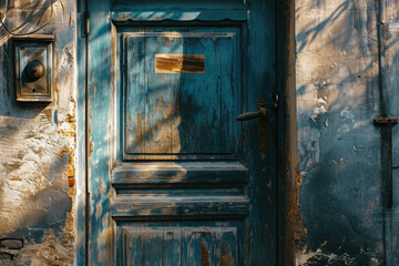 Poster - An open blue door in an old building. Suitable for architectural and historical themes