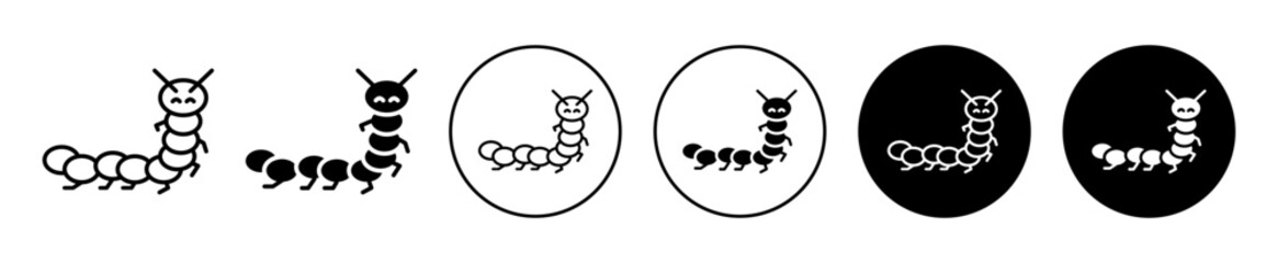 Poster - Caterpillar icon. small wildlife caterpillar larva on plant leaf symbol outline vector set. grass lawn pesticide for silkworm sign mark.