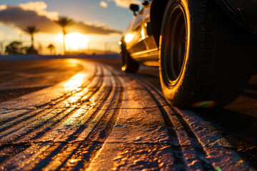 Poster - A close up shot of a tire on a road. Perfect for illustrating transportation, travel, or automotive themes