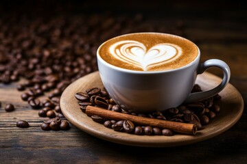 Coffee with foam in the shape of a heart. Background with selective focus and copy space