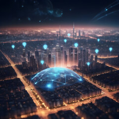 Wall Mural - Modern city with wireless network connection and city scape concept.Wireless network and Connection technology concept with city background at night.