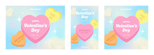 Sweet Heart Shape Candy Banner Set. Valentines Day Concept. Isolated On White Background. Different Color Bundle. Conversation, Love Text. Social Media, Poster, Card, Flyer. Flat Vector Illustration.