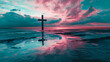 Christian cross in water on beach pink and blue reflection clouds sand tide