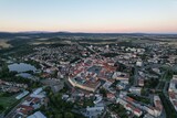 Fototapeta Morze - defaultJicin and its historical city center buildings and town tower of fortification walls system and cathedral aerial panorama landscape view,Bohemia,Czech republic