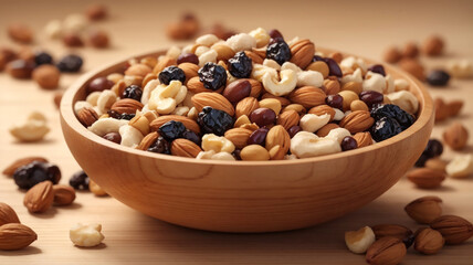 Wall Mural - Nutty Medley: A Delectable Mix of Nuts and Raisins in a Wooden Bowl