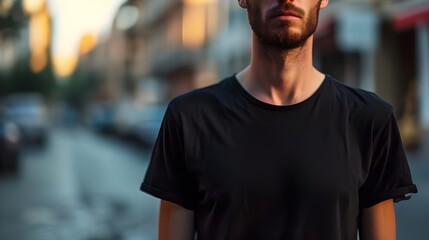 Young male in black T-shirt mockup standing against blurred street background, copy space, Portrait of young man posing with black shirt template