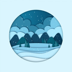 Vector winter night landscape with fir trees, mountains, hills, and clouds in paper cut style. Layered background with 3D realistic paper and snowfall in a round frame
