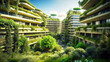 Smart sustainable city architecture with buildings for carbon footprint, environment and futuristic. Eco friendly town for green ecology with plants.
Generative AI.