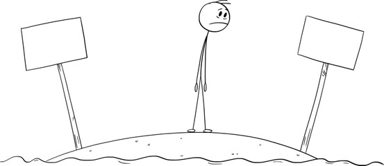 Wall Mural - Person Trapped on Small Island with Empty Signs, Vector Cartoon Stick Figure Illustration