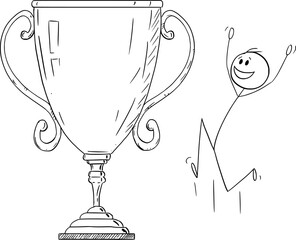 Wall Mural - Person Celebrating with Victory Trophy Cup, Vector Cartoon Stick Figure Illustration