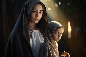 Wall Mural - Serene depiction of the holy blessed Ьary with little saint Jesus Christ, encapsulating the sacred bond, maternal tenderness, and spiritual grace in this religious tableau. Bible religion .