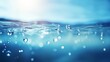 Blue water background with water drops and sun rays. 3d rendering Generative AI