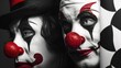 A dramatic and artistic close-up of two clowns with black-white makeup