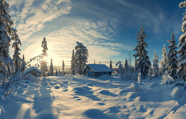 Wall Mural - Snowy winter forest with cottage