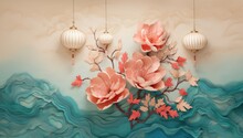 Hanging Lantern Traditional Asian Decor On Light Blue Background With Pink Flowers. Chinese Lantern Festival. New Year Abstract Greeting Backdrop With Copy Space. Design For Poster, Card, Banner