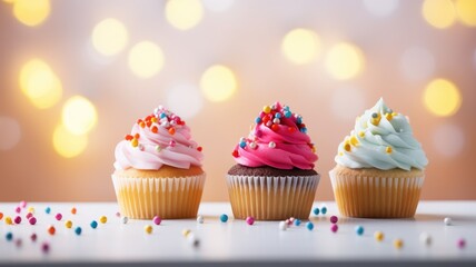 Wall Mural - Festive cupcakes with colorful icing and sprinkles, bokeh lights background