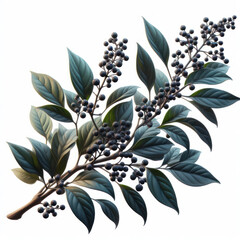 Wall Mural - Black pepper in the garden: the plant's Branch with berries and leaves, Pimienta negra en el jardín: la rama de la planta con bayas y hojas verdes. isolated White background.