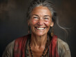 Retrato mujer de 60 años estilo hippie y alternativo, artista, sonriendo y feliz, fondo de textura