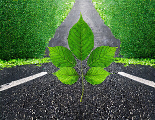 Wall Mural - ecological icons of green leaf on black asphalt road background