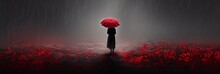 Gorgeous Woman With Red Umbrella In Rain, Generous Copy Space For Your Text Or Design