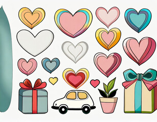 Wall Mural - Stickers labels and elements for Valentine's Day, for the day of love. Consists of a letter, plant, thought letter, love messages, pickup with hearts and gifts. Vector illustration on color background