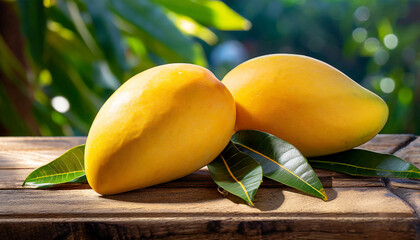 On a wooden table, two wasti of ripe juicy mango of bright yellow color