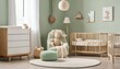 © ibreakstock - Minimalist pastel green child's room with wooden rocking baby chair