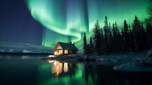 A House On The Water With Trees And Aurora Borealis In The Sky
