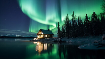 a house on the water with trees and aurora borealis in the sky