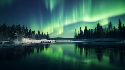 A lake with trees and green lights in the sky